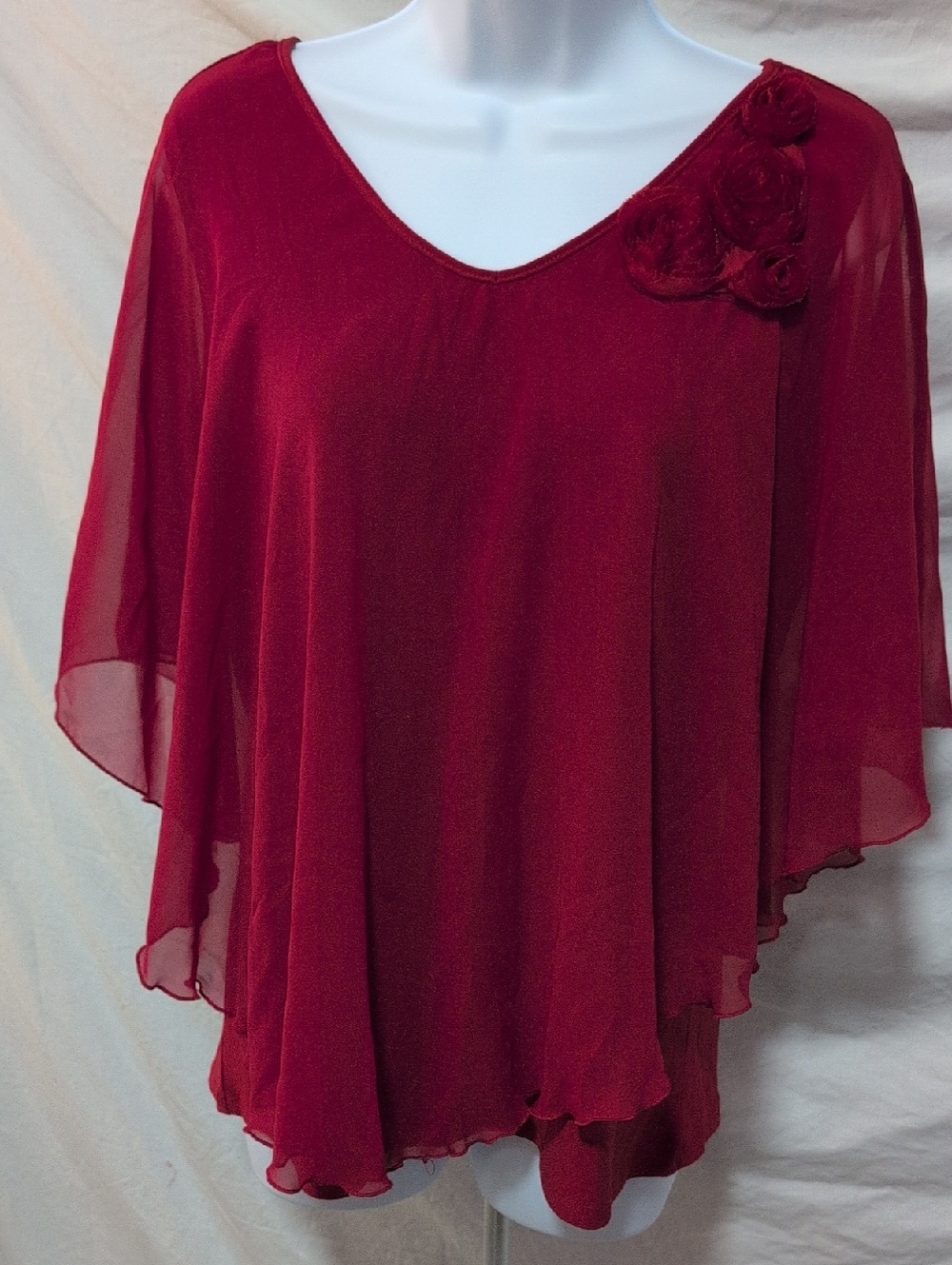 Women's Red Chiffon V-Neck Tunic with Rosette Accent